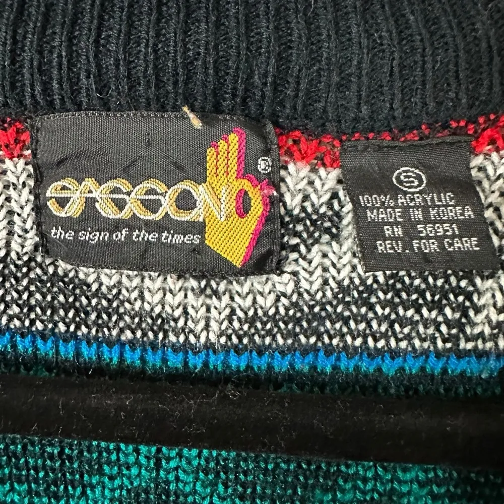 Vintage 70s Sasson Fair Isle V Neck Cardigan Sweater Oo La La Small Retro Black - Image 12