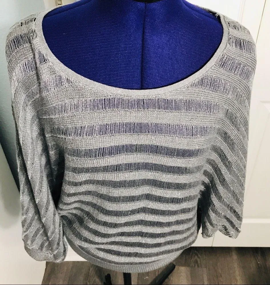 NWT Elle Metallic Silver Open Knit Dolman Top - Image 4
