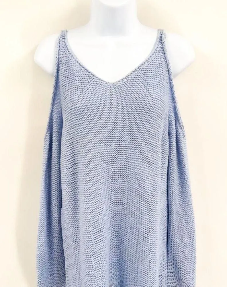 2/$30 Alya Slouchy Relaxed Cold Shoulder Long Sleeve Boho Knit Sweater Top Blue - Image 4