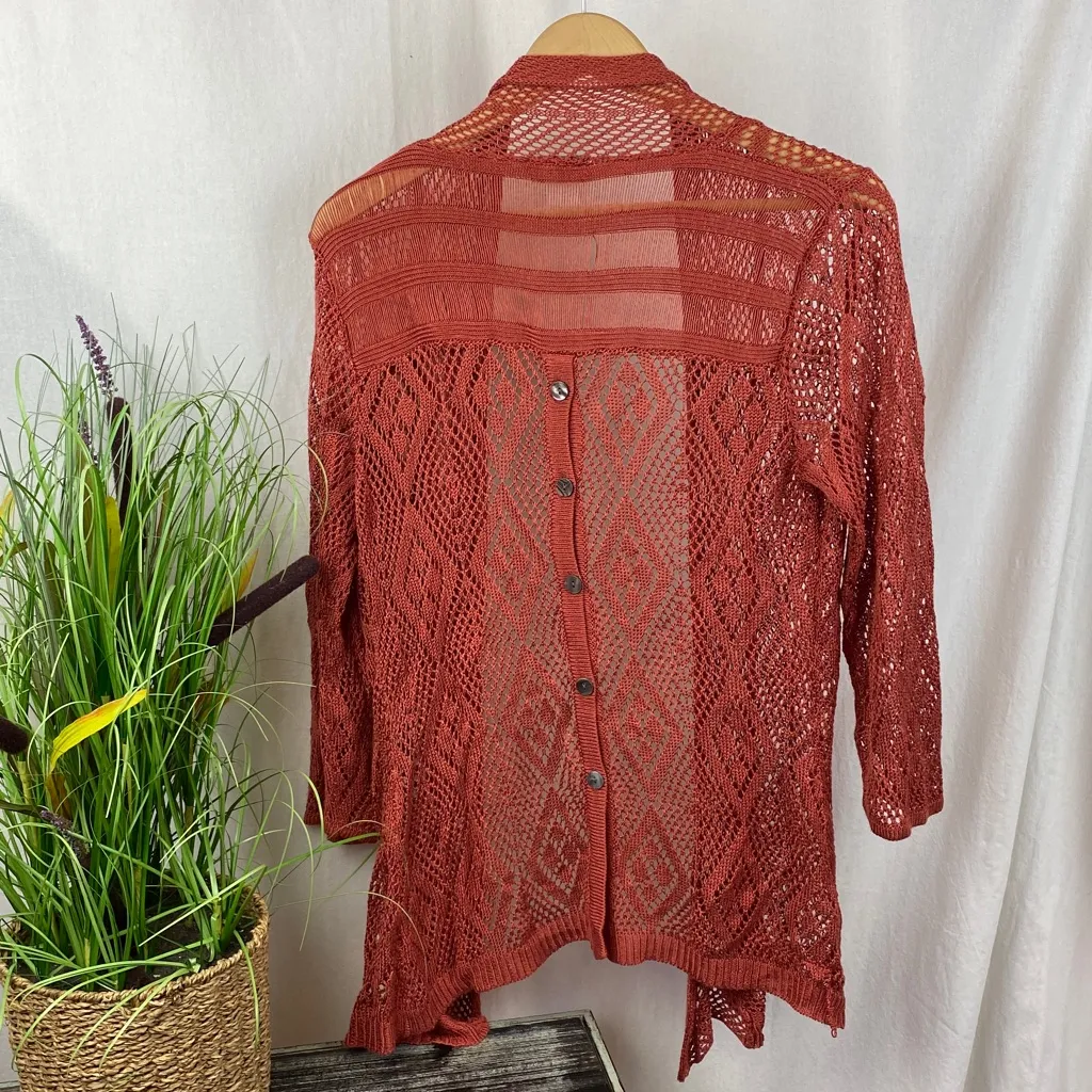 Soft Surroundings Terra Cotta Orange Crochet Sheer Open Front Cardigan Sweater M - Image 3