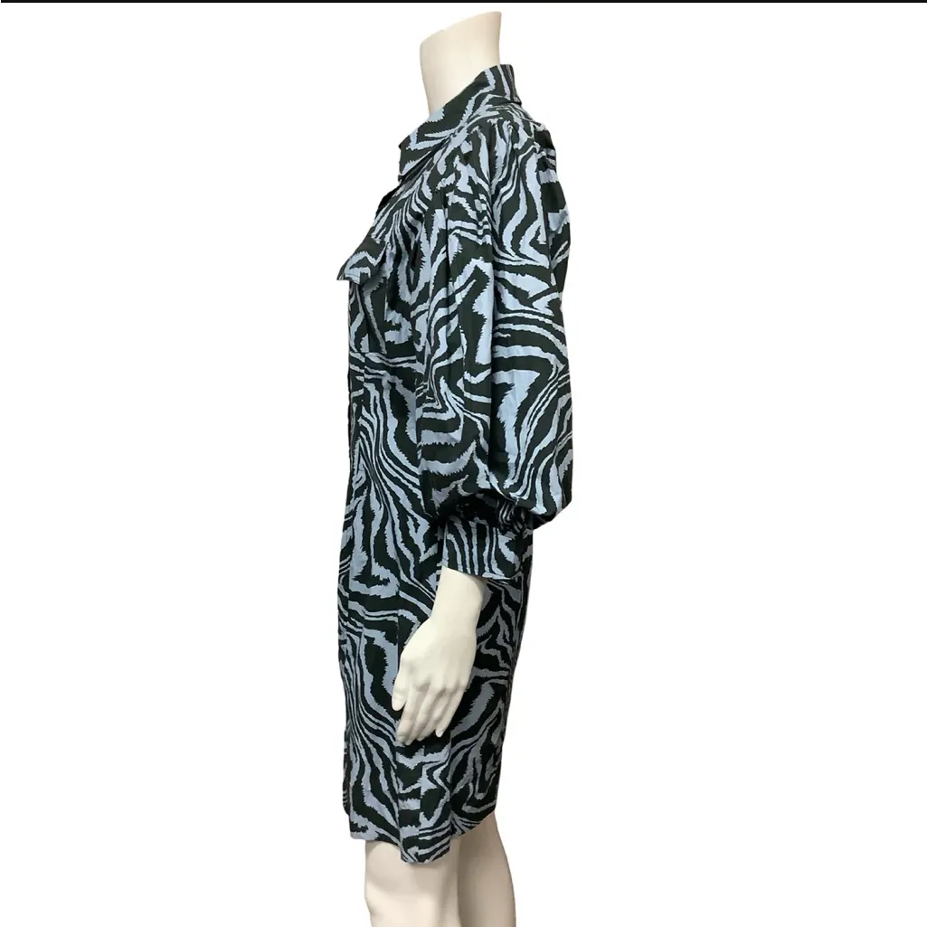 Ganni Blue Black Zebra Animal Print Puff Sleeve Mini Dress Size Small - Image 8