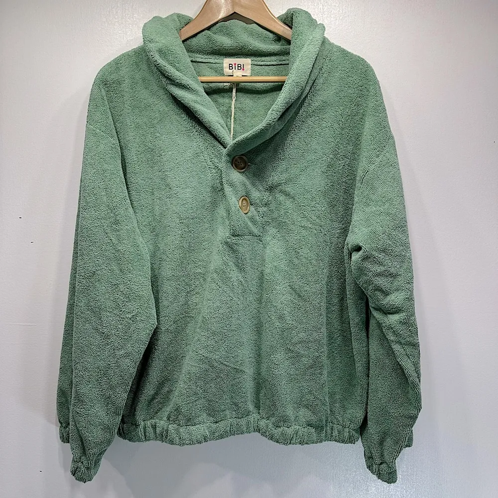 BiBi Sage Green Terrycloth Long Sleeve 2 Button Top with Elastic Cuffs & Waist Size XL - Image 2