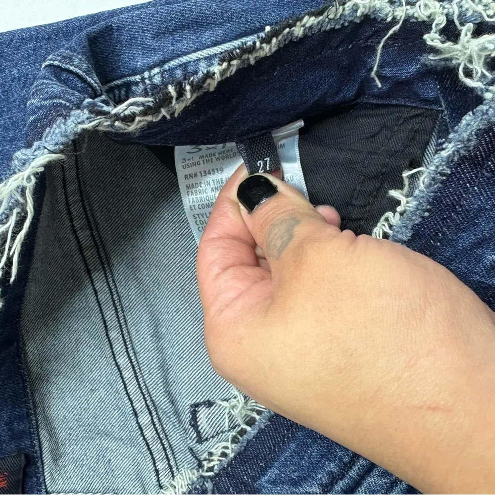 3x1 Darkwash Buttonfly Raw Hem Distressed Straight Leg Jean - Image 3