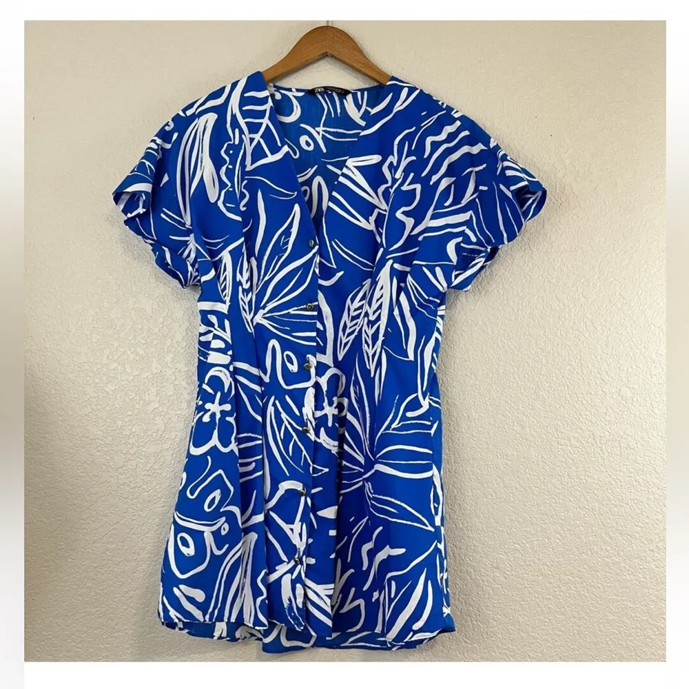 ZARA Blue & White Abstract Printed Mini Santorini Dress Size XS Cotton - Image 3