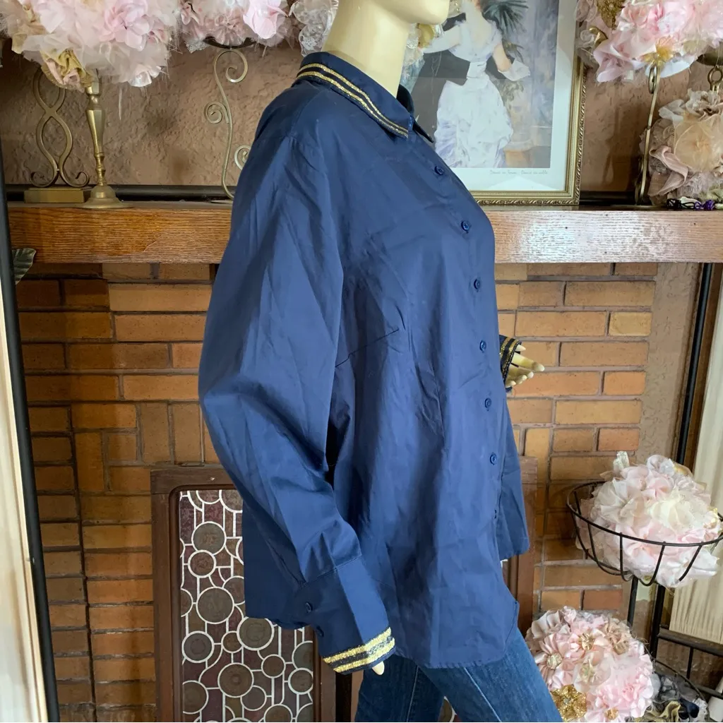 ASHLEY STEWART NAVY BLUE W/GOLD EMBROIDERED ACCENTS BUTTON DOWN NWT (16) - Image 3