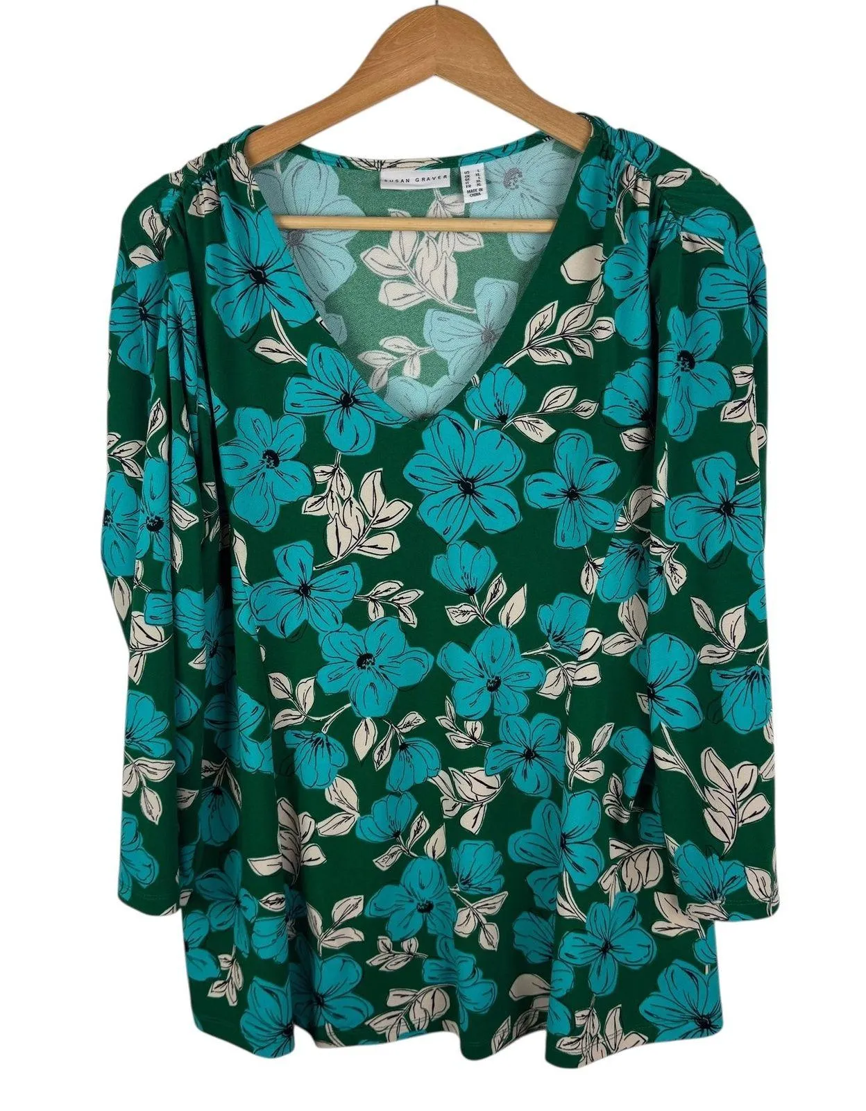 Susan Graver Floral V-Neck Blouse Sz Large Stretch Tropical Resort Vacation Boho - Image 1