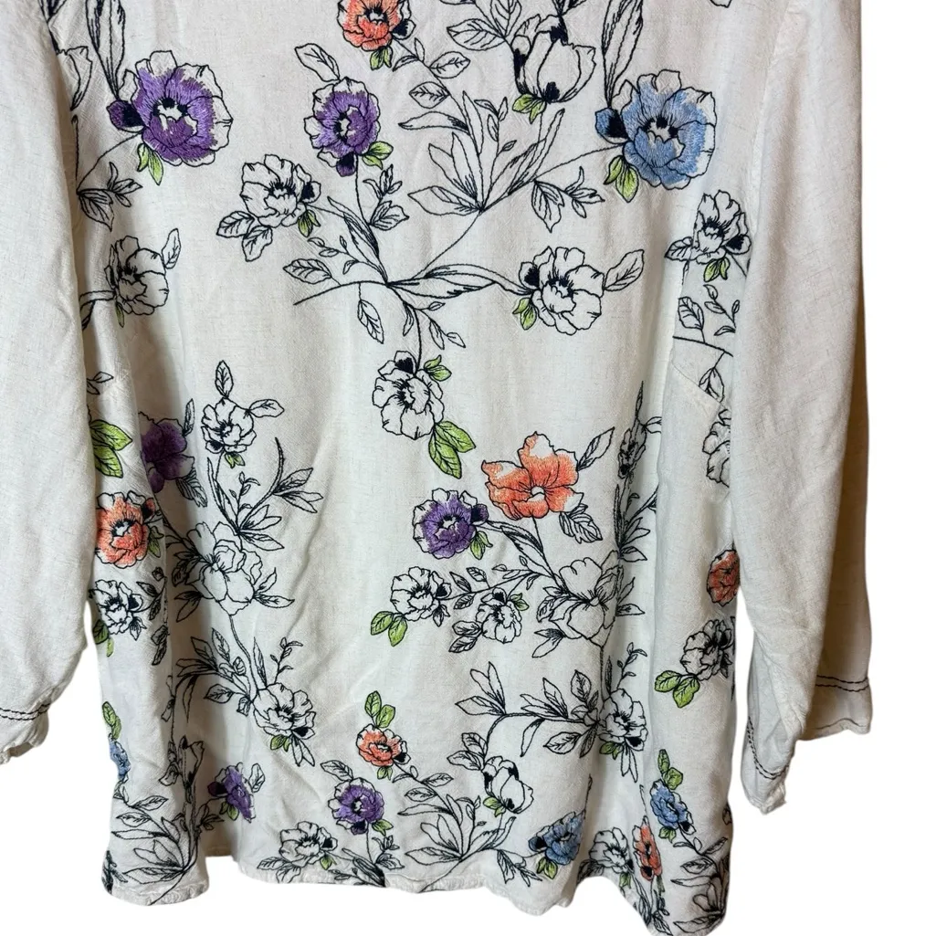 J. Jill Women’s Sz XL Embroidered Blouse Floral Flowers 3/4 Sleeve Linen Blend - Image 4