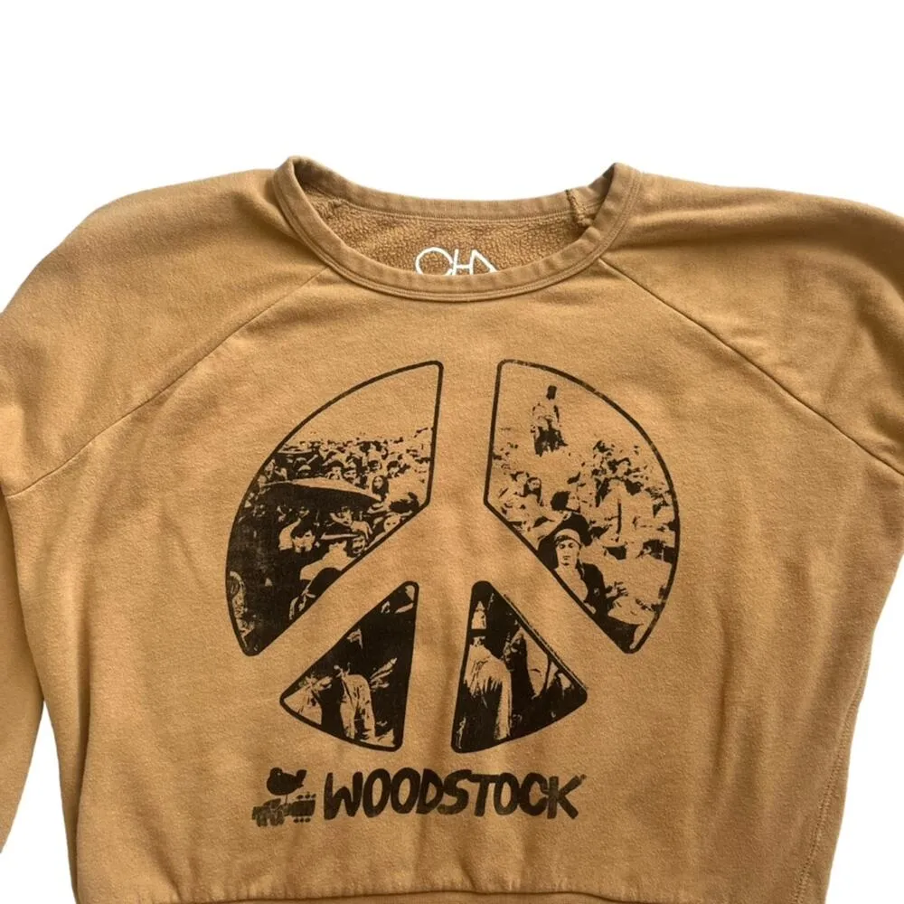 Chaser Women’s Woodstock Peace Sign Fleece Crewneck Pullover Mustard Sweatshirt - Image 3