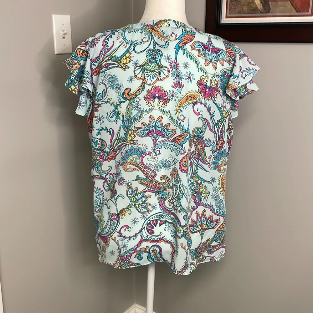 Investments Womens Blue Yellow Pink Paisley Blouse Ruffle Size Large - Image 3