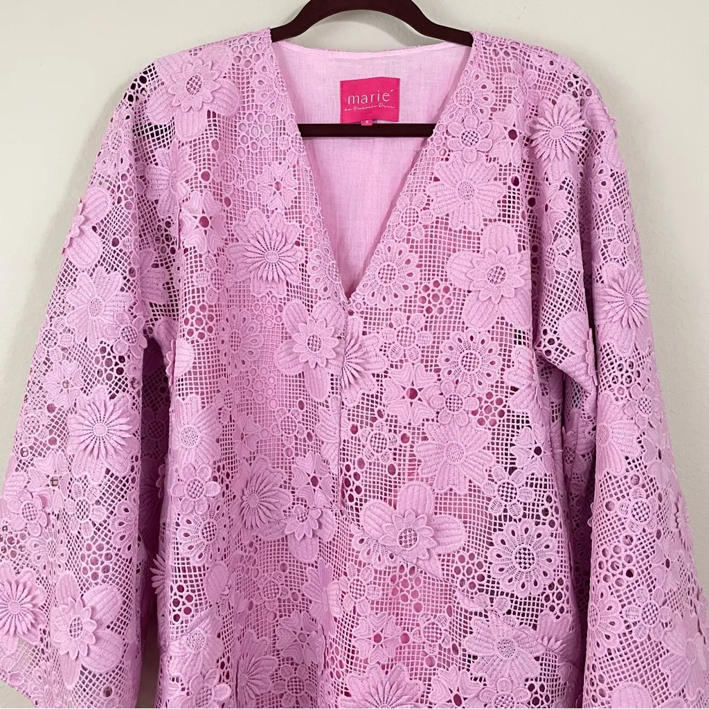 Marié by Victoria Dunn Pink 3D Lace Long Sleeves Mini‎ Kaftan Dress Size Small - Image 4