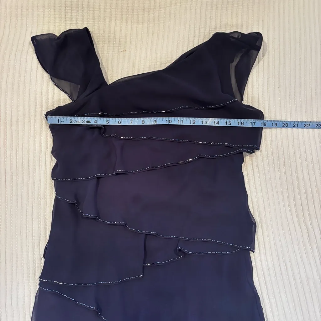 Patra Tiered Beaded Trim Navy Fairy Women's Midi Dress Asymmetrical Neckline 6 Blue - Image 7