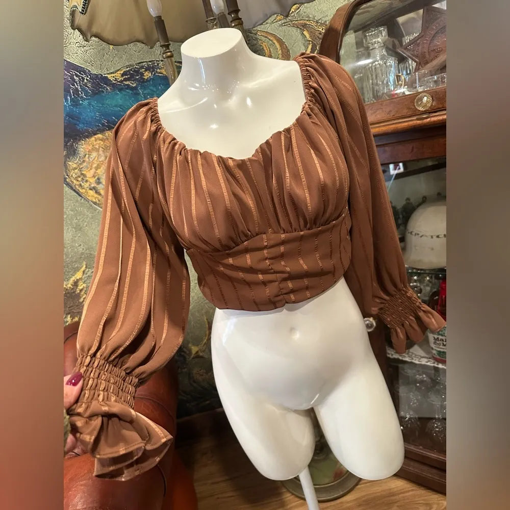 EUC Womens Frill Trim Long Sleeve Ruched Bust Milkmaid Top Top Blouse for Women Brown Size L - Image 2