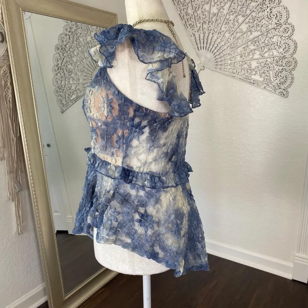 Fairy Coquette Asymmetric Celestial Blue White Silver Lace Peplum Babydoll Top S - Image 5