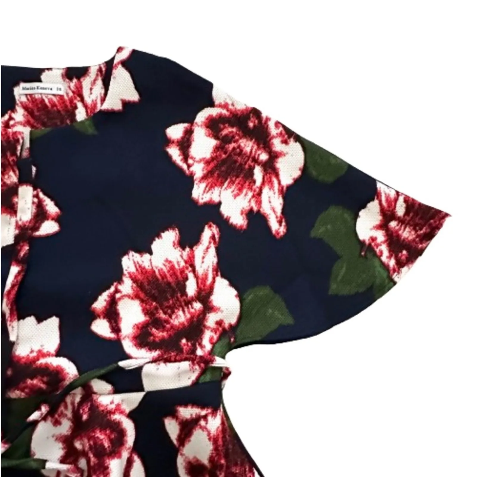 Marina Kaneva Blouse Top Navy Blue Pink Red Floral Tie Waist Peplum Top Size 14 - Image 10
