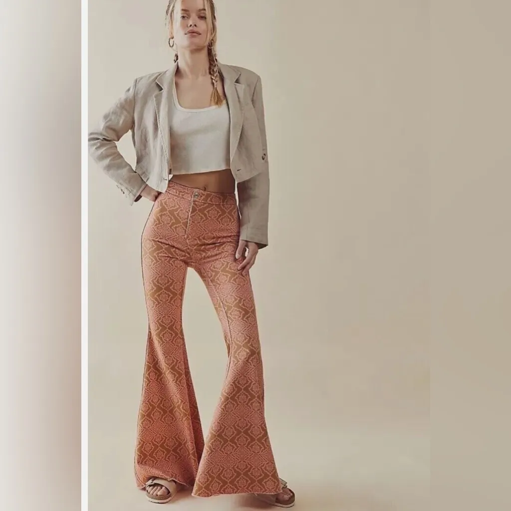 Free People Throw It Back Reversible Flares High Rise Pink Orange Jean - Image 3