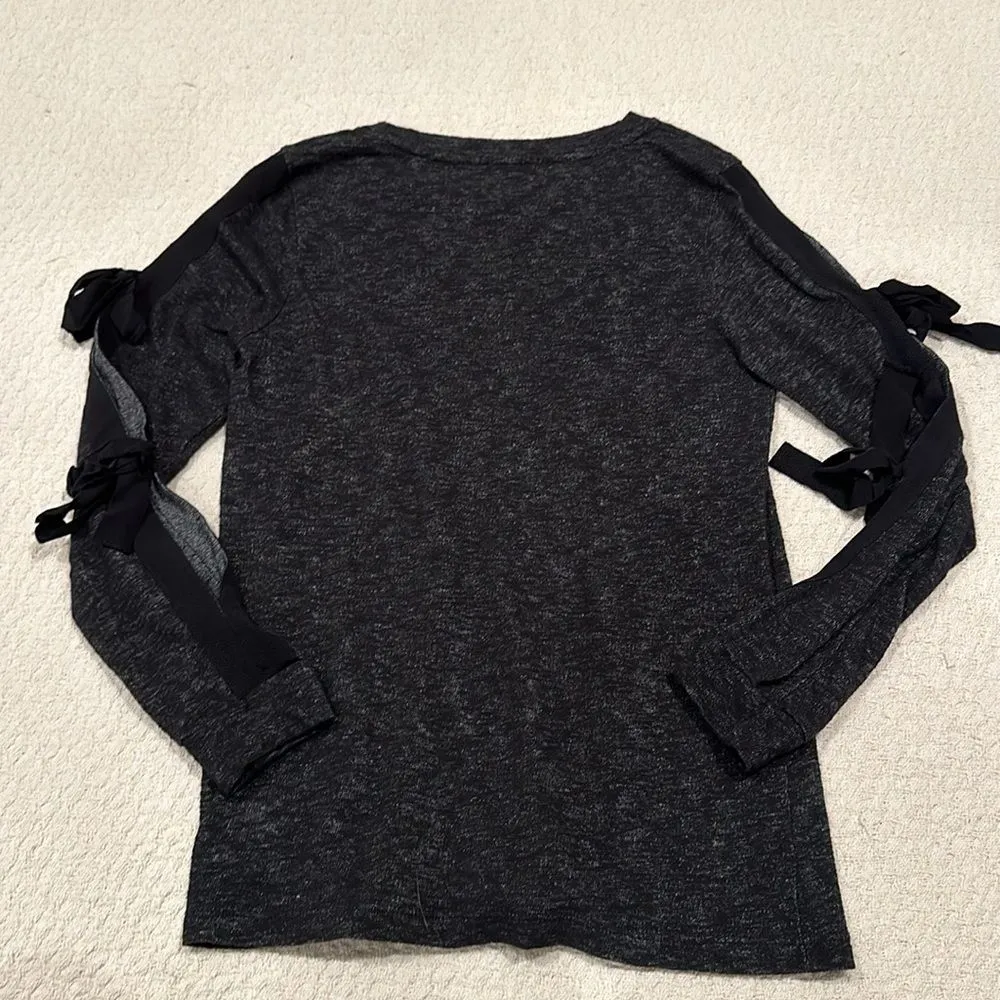 Pleione Heather Gray Black Keyhole Ribbon Tie Long Sleeve Shirt Top Size Small - Image 2