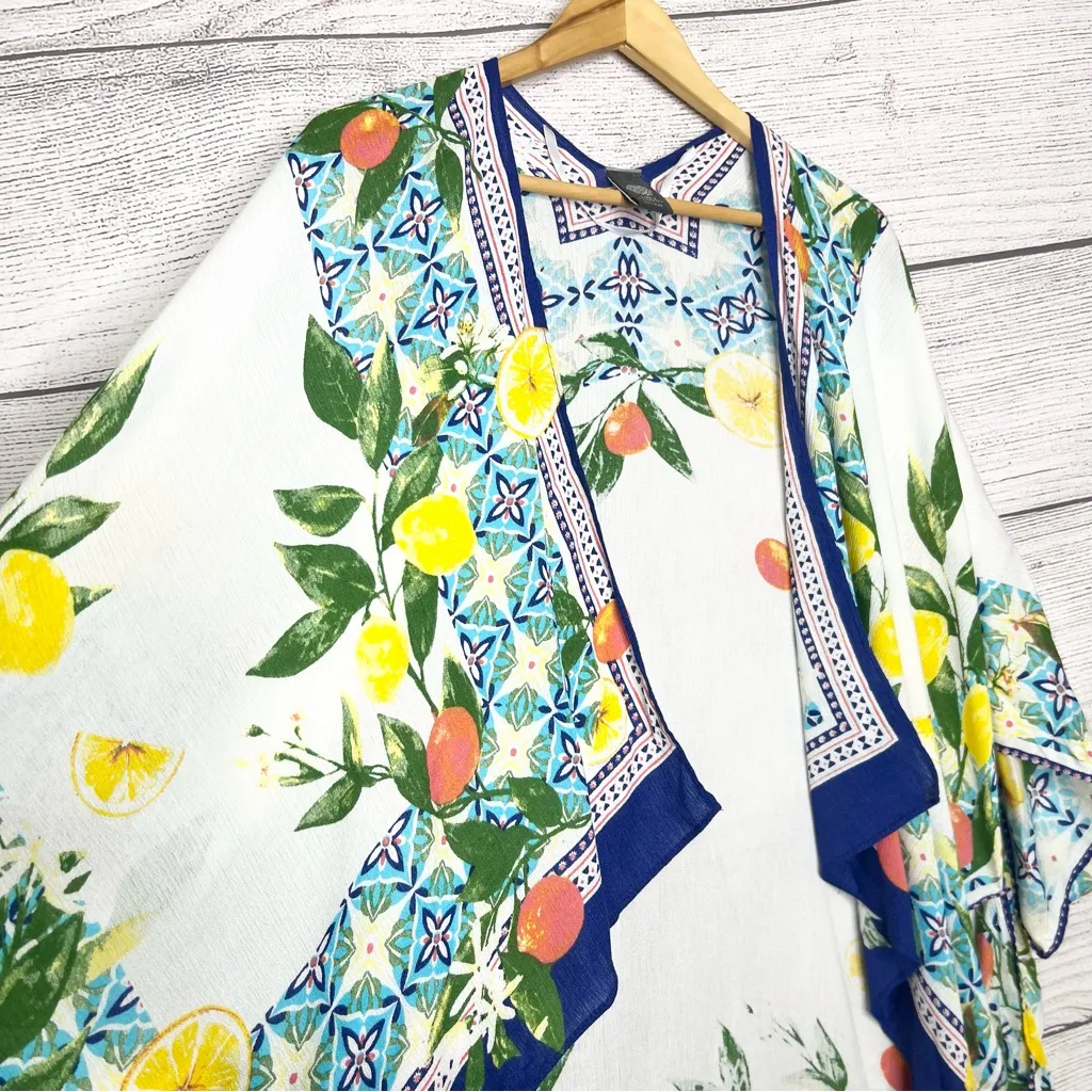 Vince Camuto Lemon Tile Printed Kimono with Blue Accents Crinkle Viscose Floral - Image 8