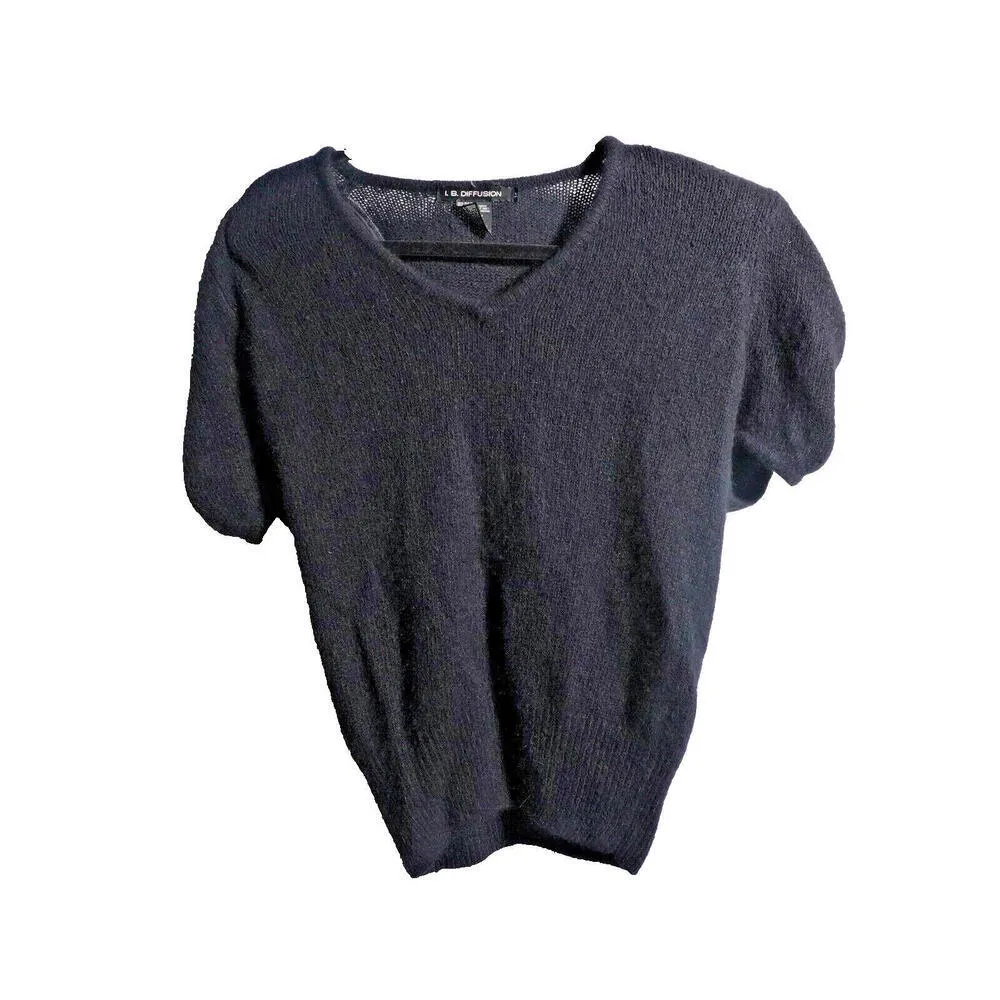 VTG 80s IB Diffusion Silk Angora Rabbit Hair Lambswool Knit Top Flowers Glamor M Black Size M - Image 2