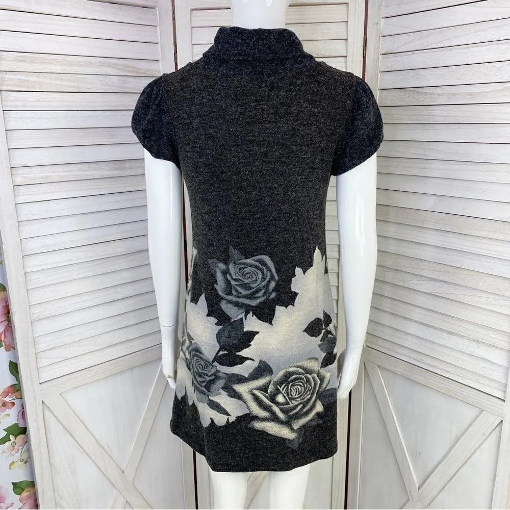 One Clothing Floral Cowl Neck Sweater Mini Dress Gray Cream Juniors Medium - Image 4
