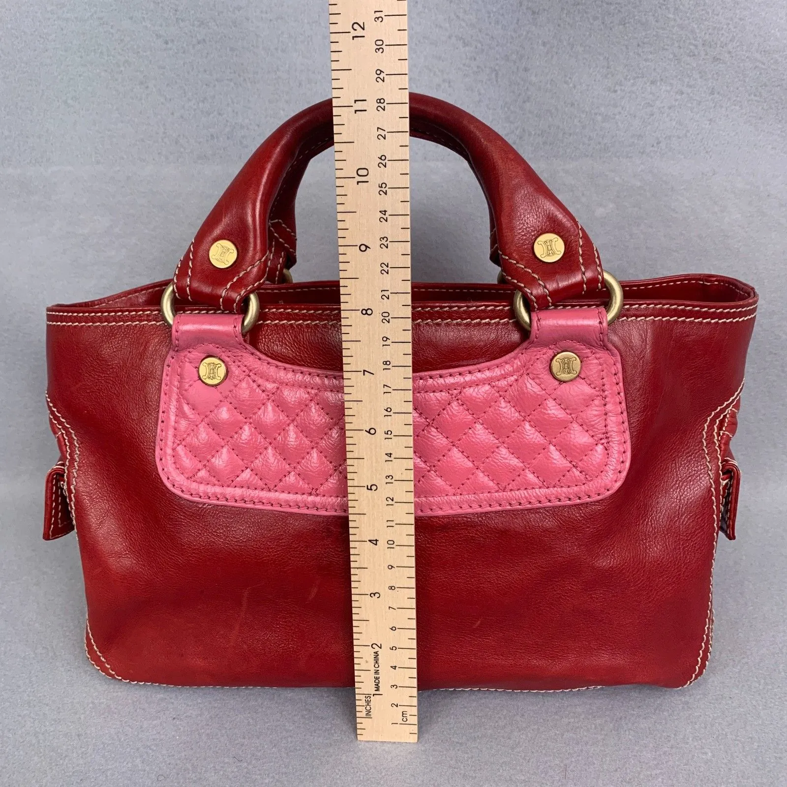 Celine Red Leather Satchel Bag Pink Quilted Detail Designer Purse Classic Luxury - Image 7
