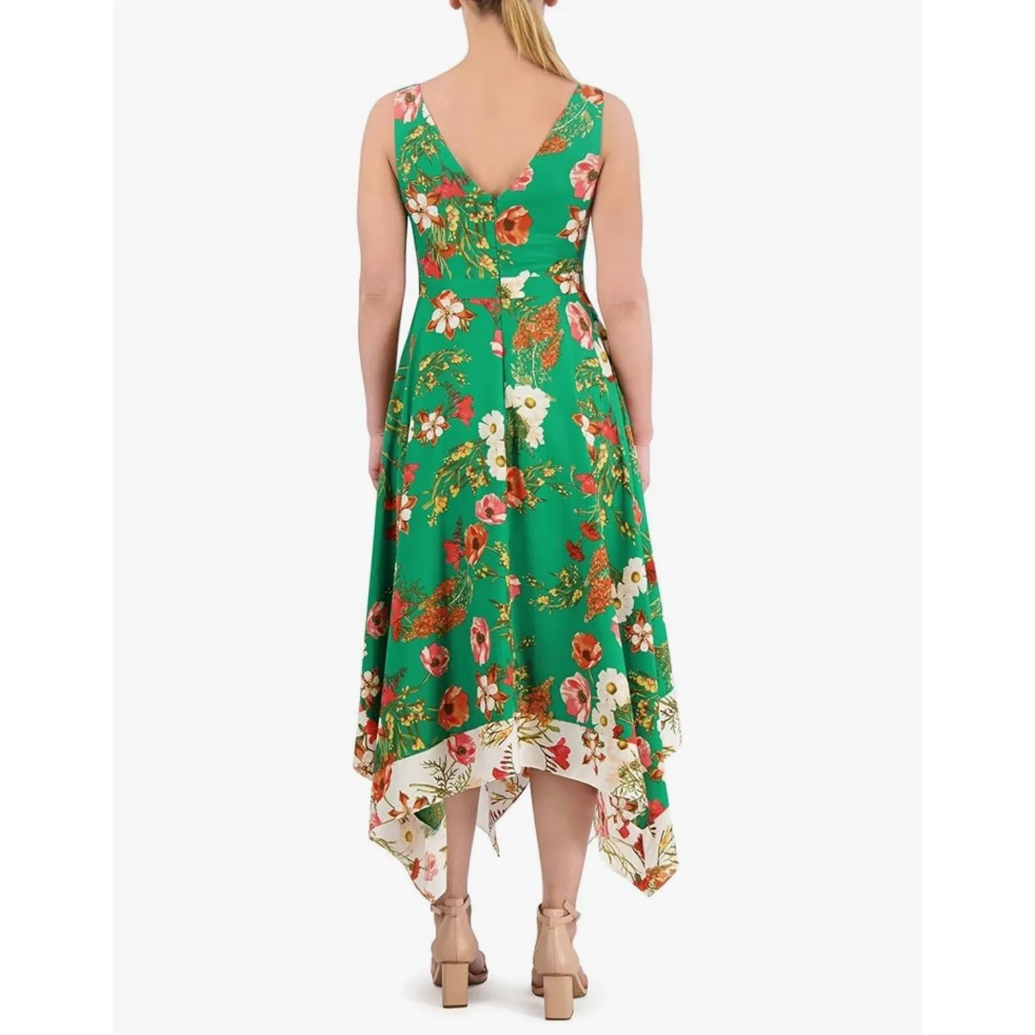 Vince Camuto Green Floral Printed‎ V Neck Handkerchief Hem Midi Dress Size 14 - Image 2