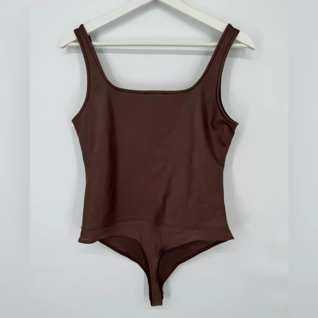 Sincerely Jules Faux‎ Leather Square Neck Bodysuit Medium Brown - Image 3