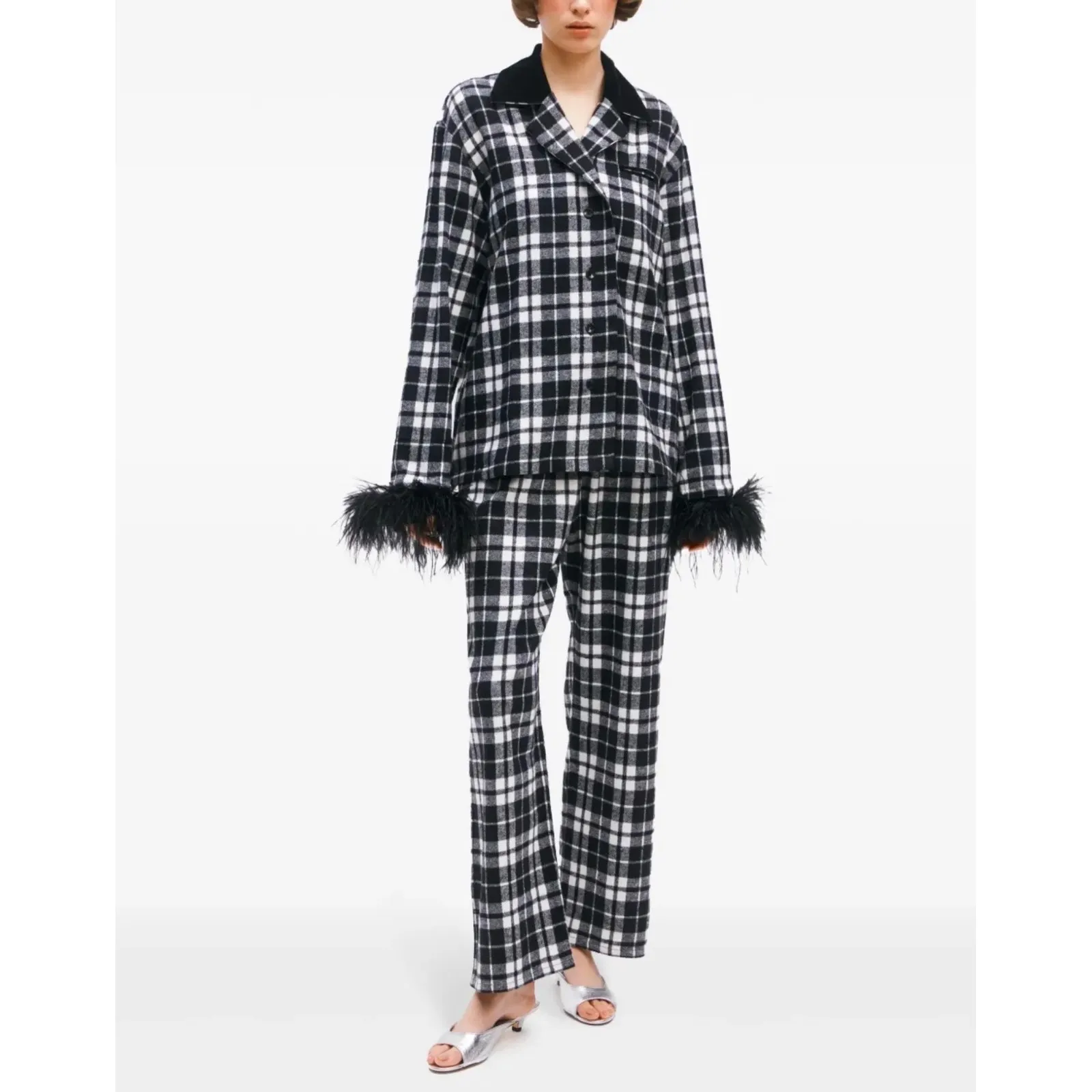Sleeper Feather Trim Plaid Flannel Pajama Set Black & White Sz Small NWT - Image 2