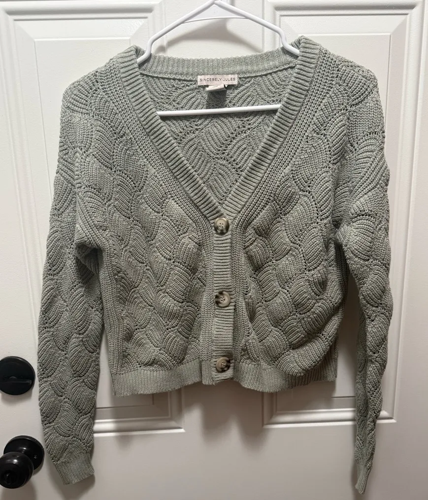 Sincerely Jules Cotton Sage Green Crop Cable Knit Cardigan Cabincore Small Gray - Image 1