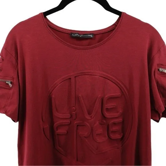 Lagos Wine Red "Live Free" Three Dimensional Artsy Grunge Tee Women's XL - Image 3