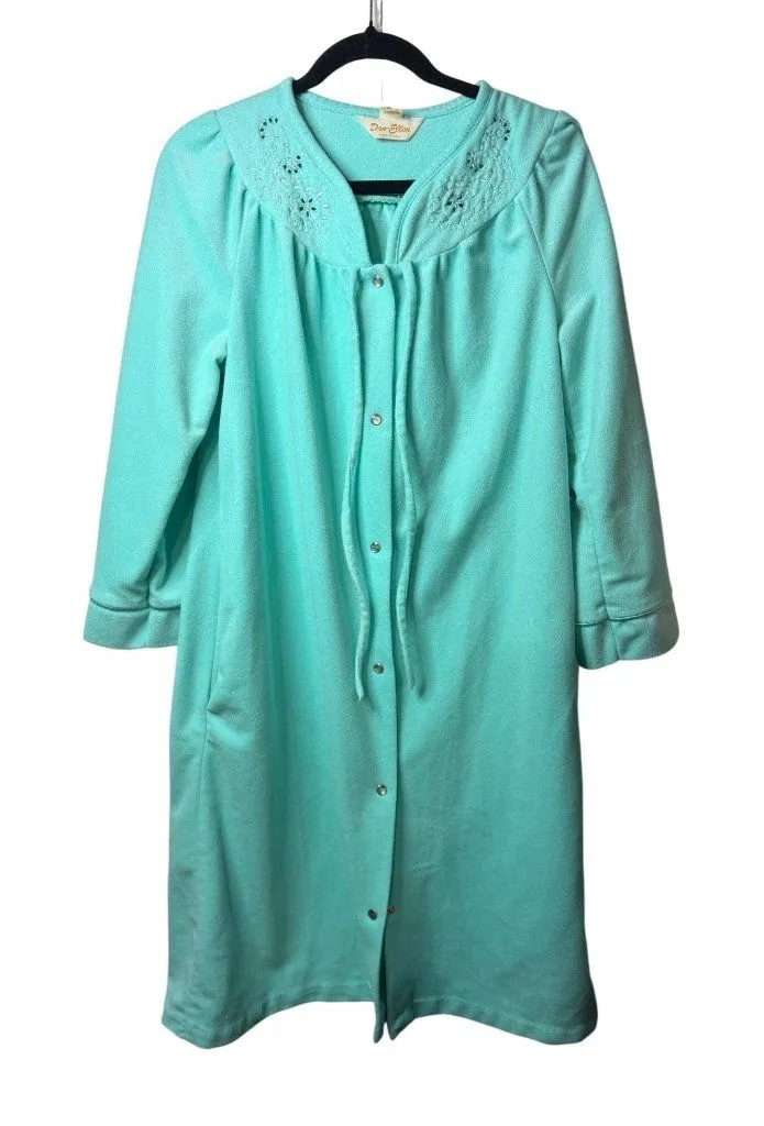 Vintage Dan Ellen Women Small Mint Green Classic Robe Long Embroidered Housecoat Size undefined - Image 1