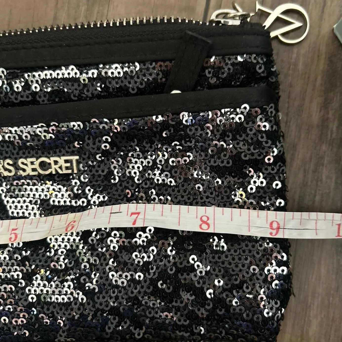 Women's Victoria’s Secret Black Sequin Clutch Bag Silver Zipper & Logo - Image 7