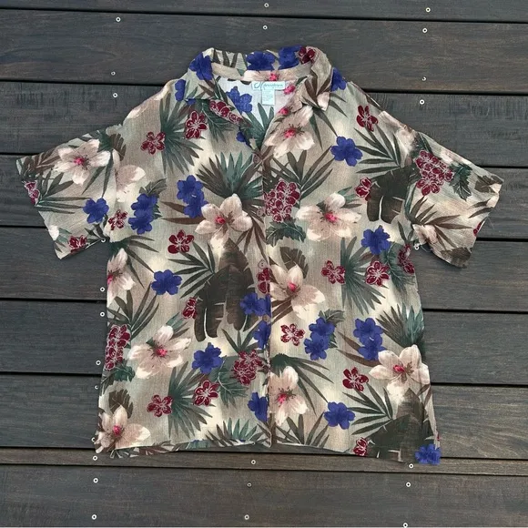 Cotton Dressbarn Tan Floral Hawaiian Button Up Shirt w/ Cream/Blue Flowers Size XL - Image 1