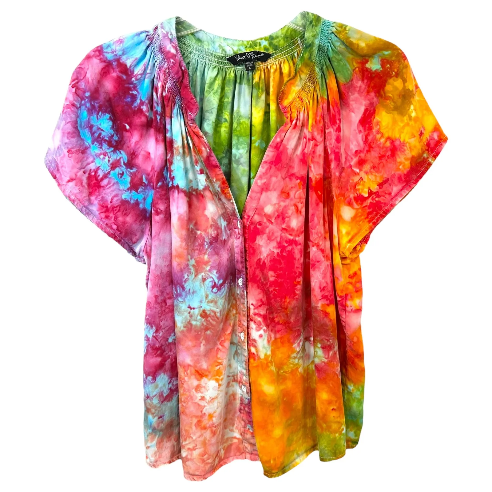 Velvet Heart Large Top Handmade Tie‎ Dye Short Sleeve Rainbow Festival Boho 1739 - Image 2