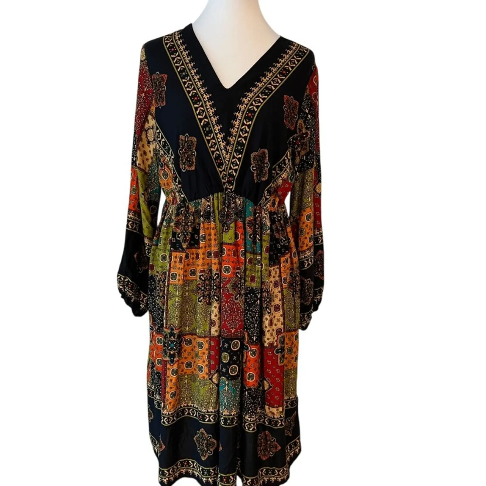 Boho Dress XL Long Sleeve 0X Patchwork 14 Vintage Style Bohemian Emery Rose XXL Black - Image 11