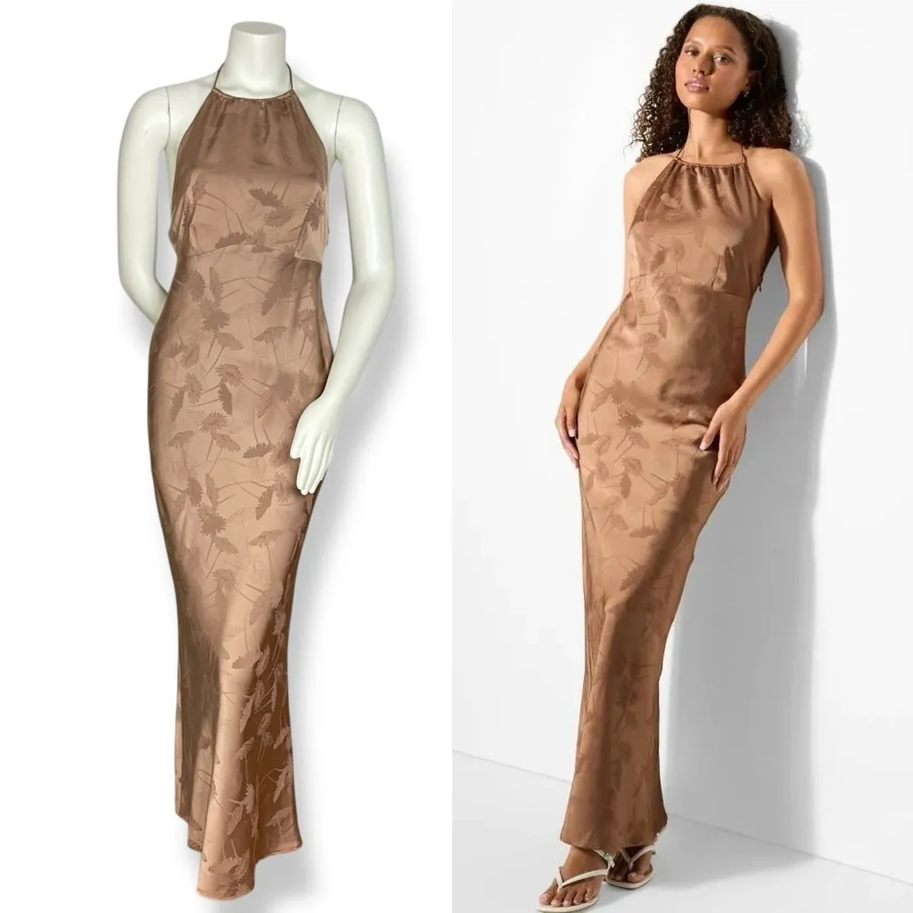 Wild Fable Halter Dress Floral Brown Size XS Backless Back Slit Elegant Maxi - Image 2