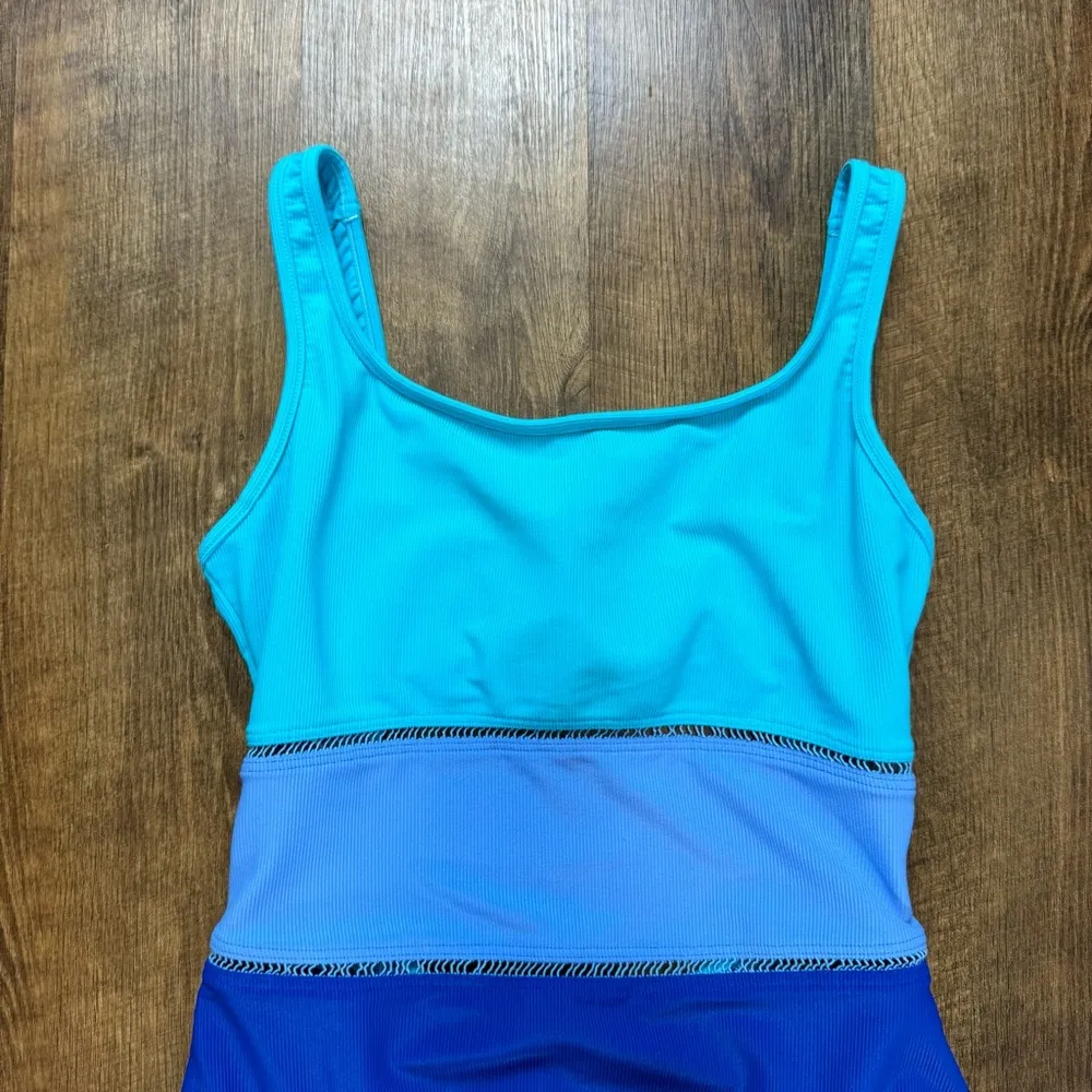 Vtg Christina 3 Tone One Piece Swimsuit Sz 12 Turquoise Periwinkle Blue - Image 7