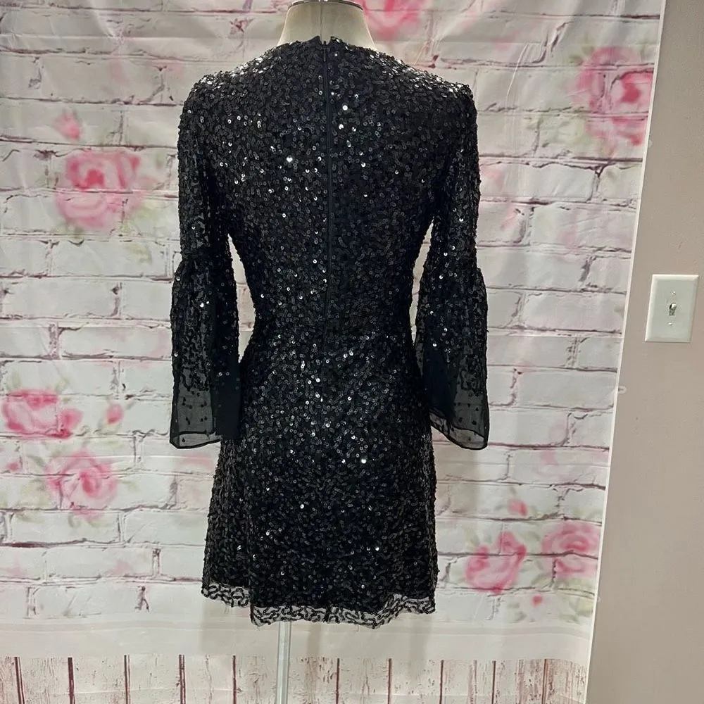 French Connection Women's Cellienne Sequin Bell Sleeve Laced Mini Black Dress 4 - Image 8