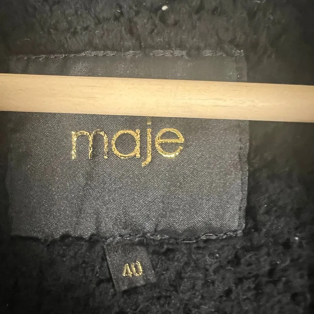 Maje Dark Blue Raccoon Fur Trim Hooded Sherpa Parka Coat Size Large - Image 9