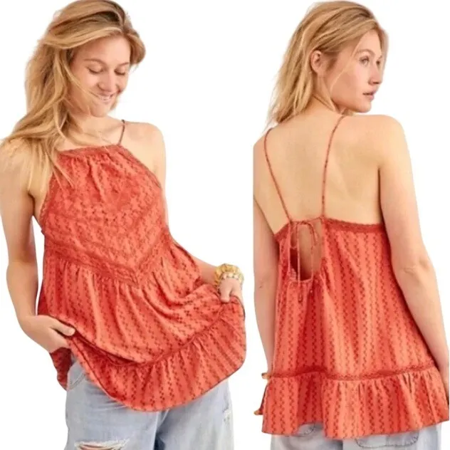 Free People Elisa‎ Tunic Tank Top XS Coral Orange Lace Trim Halter Sleeveless - Image 10