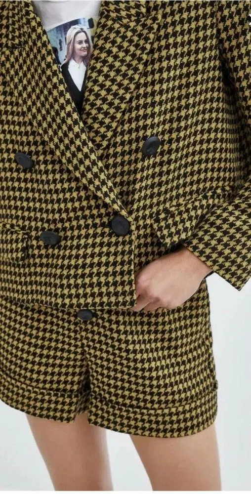 Zara Yellow Plaid Wool Short Houndstooth Blazer Jacket Coat Sz S/M - Image 2