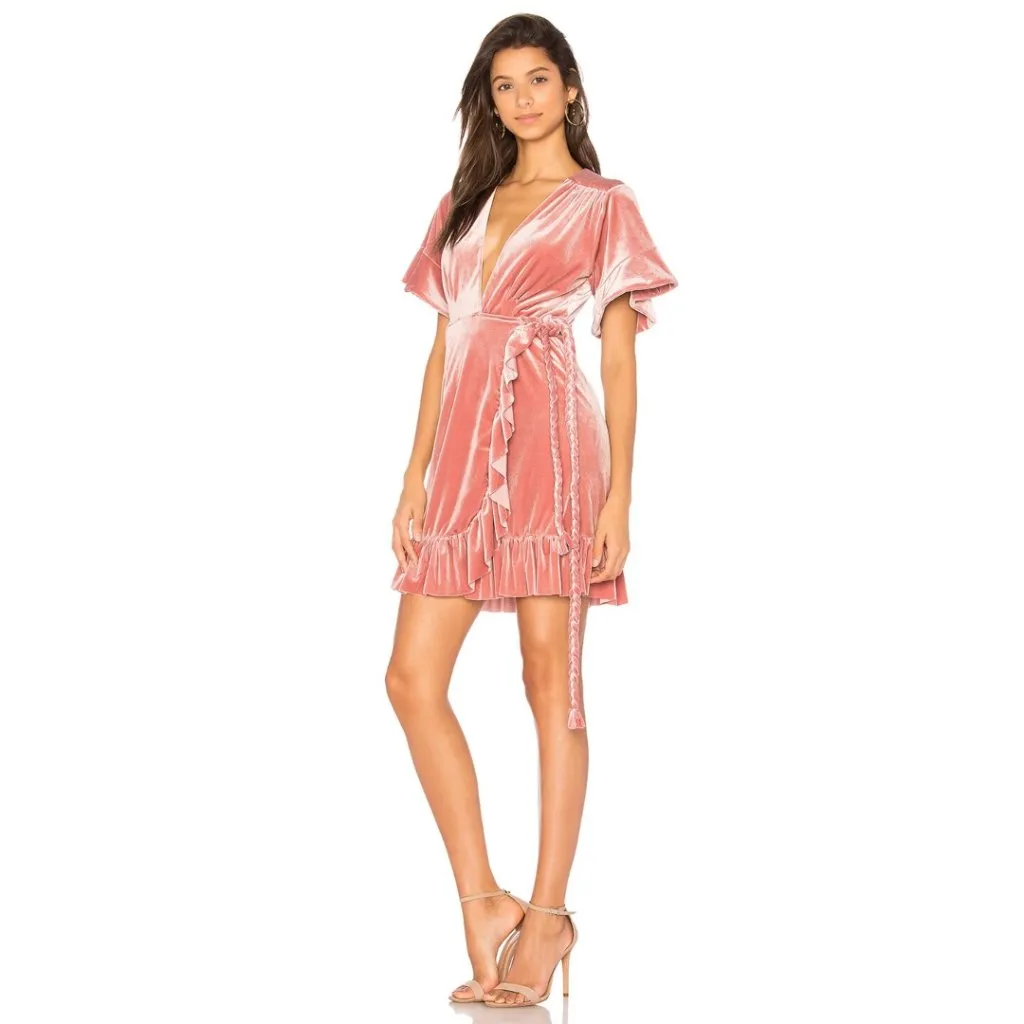 NWT Misa Los Angeles Desma Crushed Velvet Wrap Dress Pink Medium - Image 2