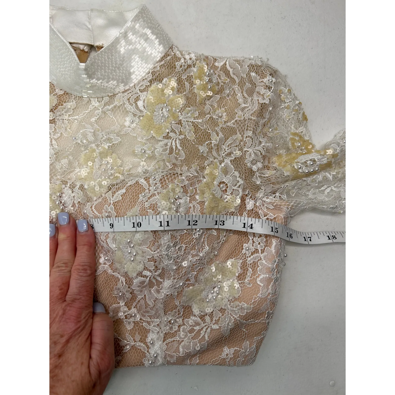 Sherri Hill Ivory Lace Top with sequins high neck long sleeve #50821. Size 00 - Image 8