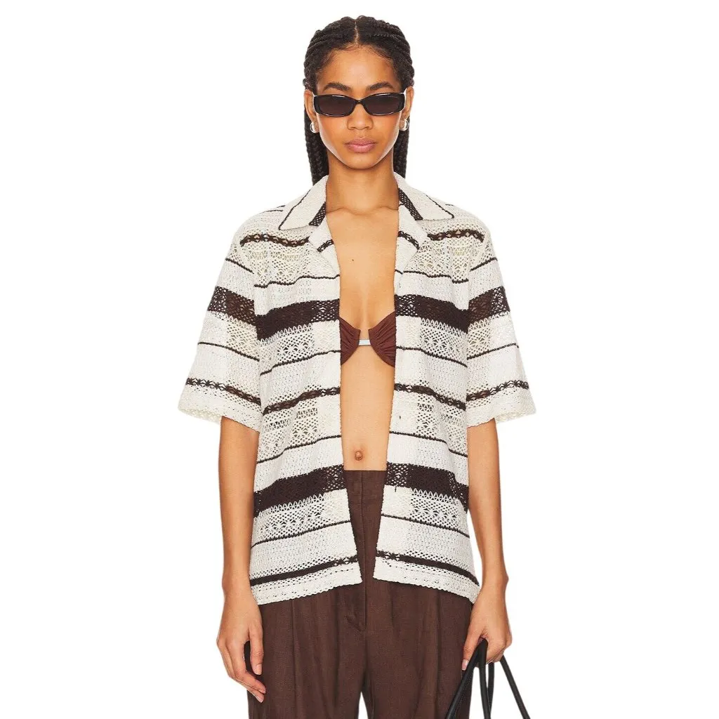 WAO Crochet Stripe Camp Shirt in Natural & Brown Medium New Womens Top - Image 10