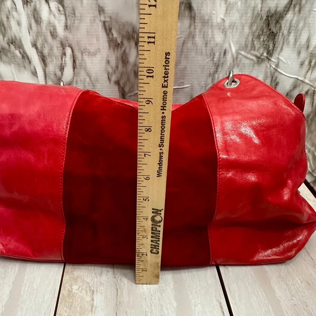 Plinio Visona Vibrant Pink Leather Shoulder Bag Red Suede Panel Large Hobo - Image 12