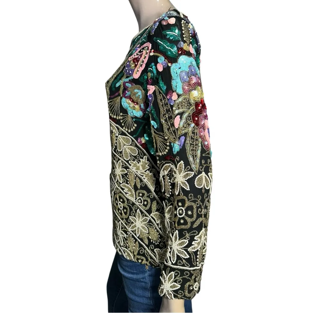 Saks Fifth Avenue Vintage Sz S Black Silk Floral Motif Sequin Beaded Top Blouse - Image 4