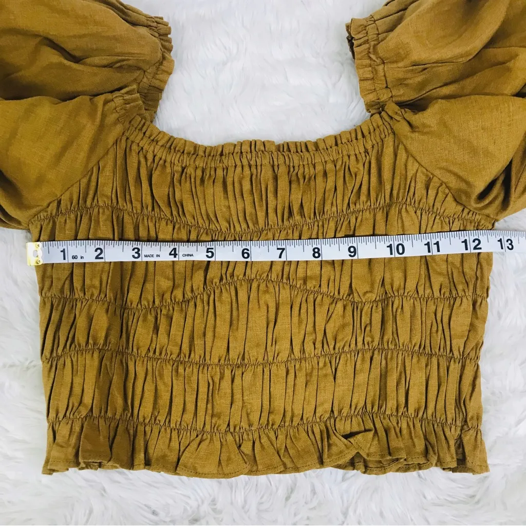 A LOVES A Cropped Peasant Top Mustard Brown Smocked Long‎ Sleeve Linen Size XS - Image 9