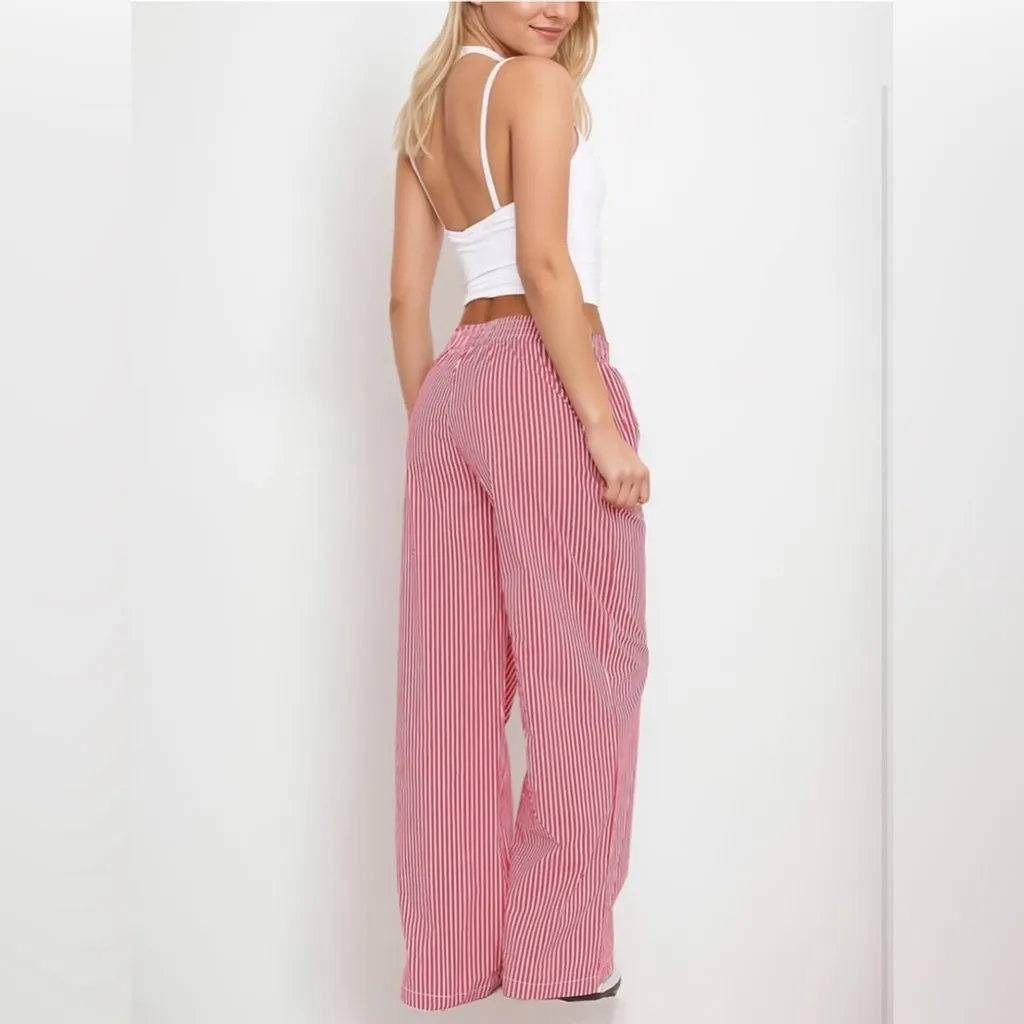 NEW Elastic Striped Y2K Wide Leg Low Waist Lounge Pants Pockets M Red Size M - Image 5