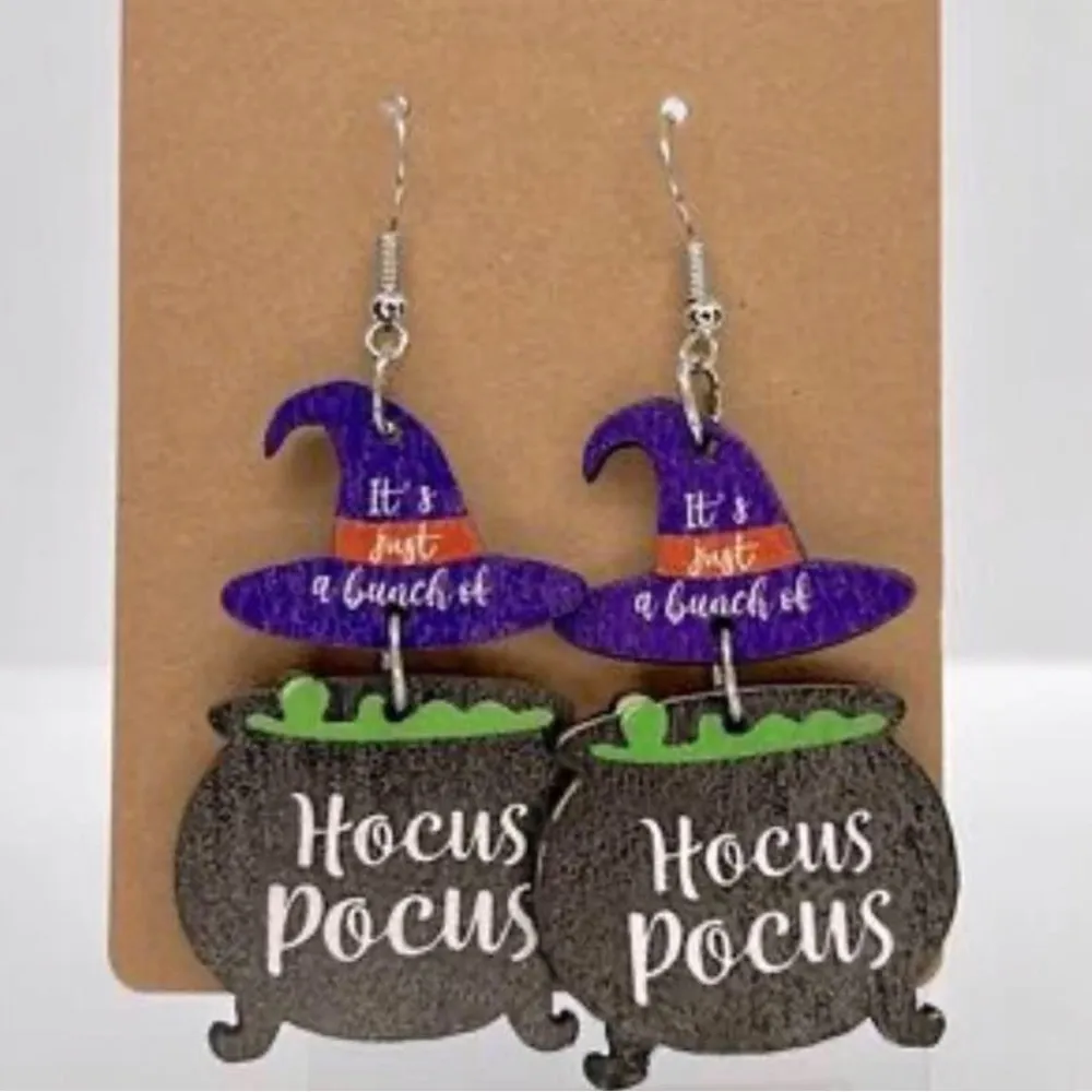 Halloween Witch Earrings Cute Magic Wooden Hocus Pocus Dangle - Image 3