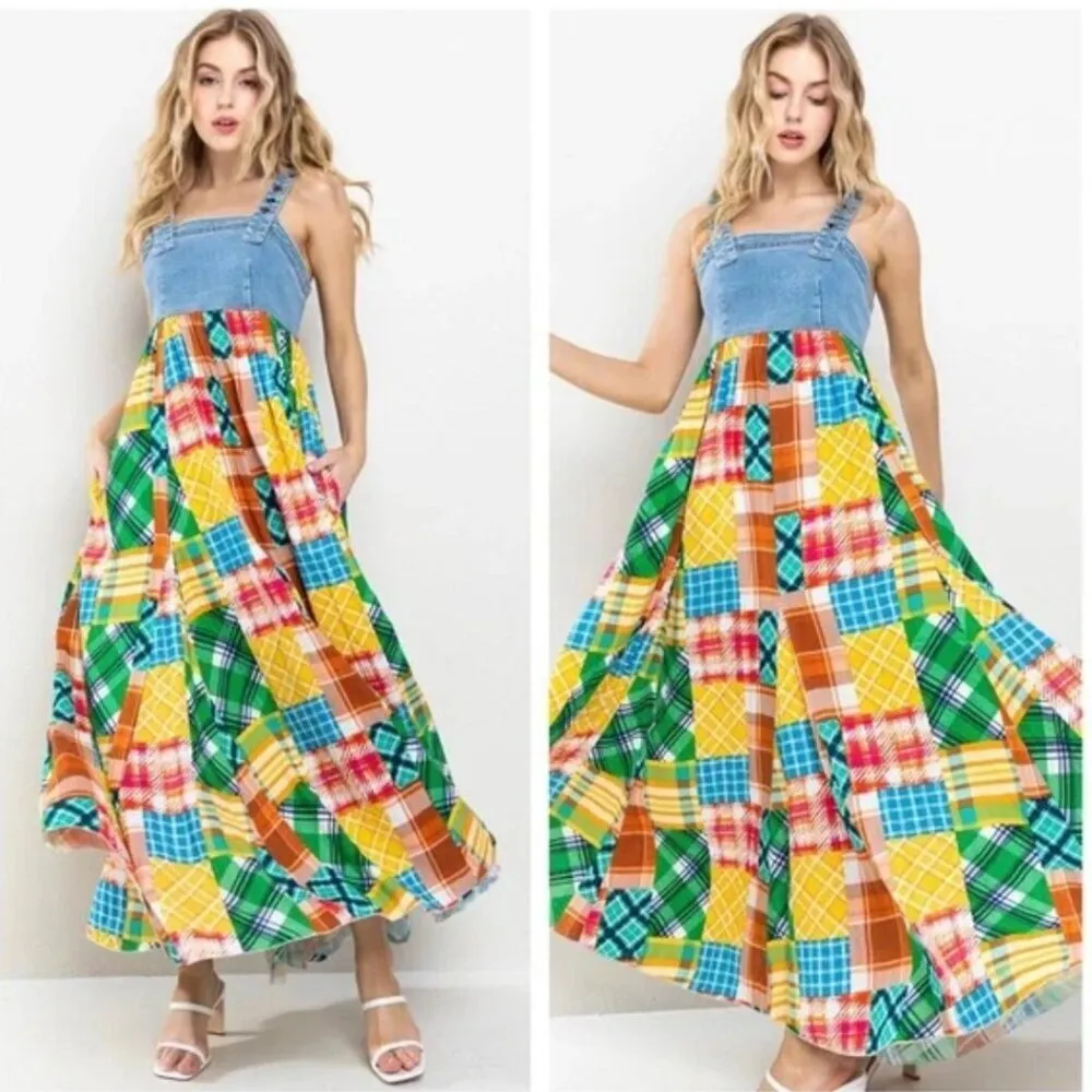 Denim Multi Fabric Pleated Suspender Maxi Dress (brand new) - Image 2