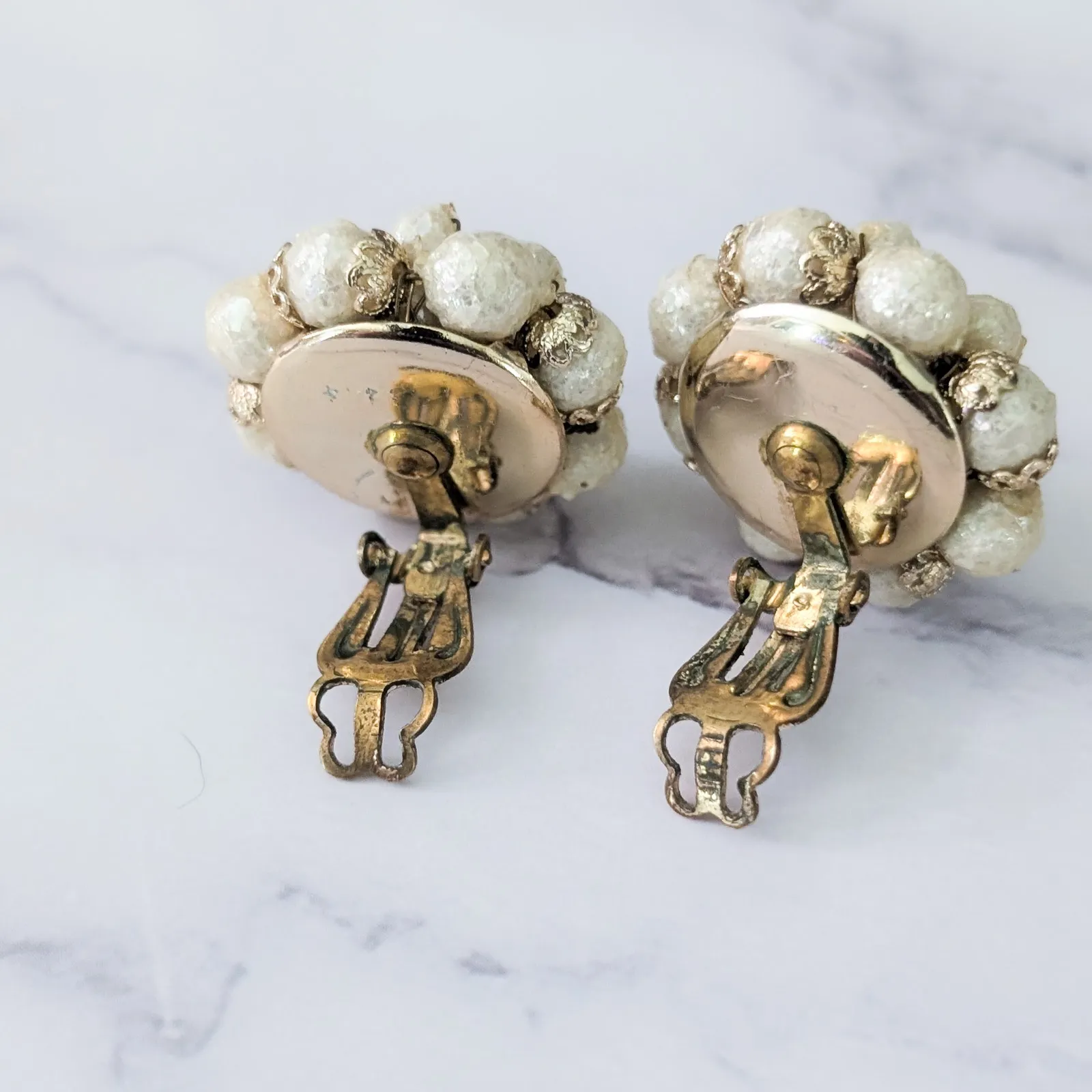 Vintage Clip On Earrings Cream & Gold Tone Stamped Japan Large - Image 6